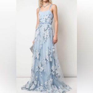 MARCHESA NOTTE Sleeveless Embroidered Tulle Layered Gown - Light blue